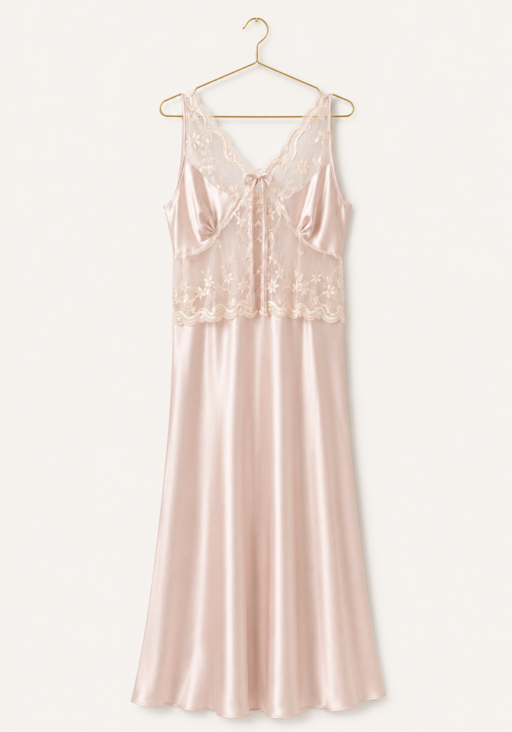 Long Night Gown: Shoulder Strap Satin Long Nighty With Toulle Detail