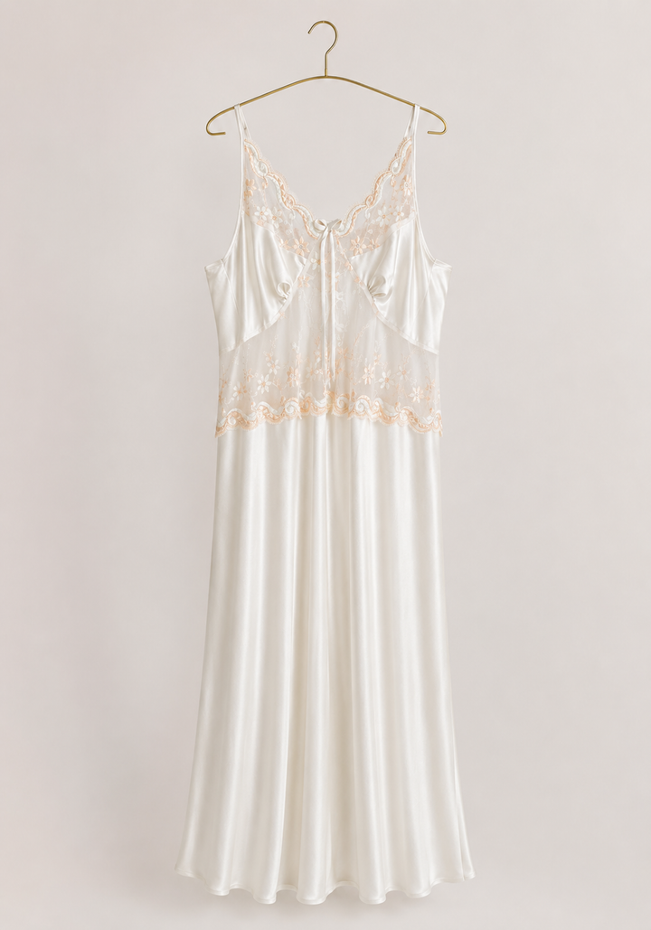Long Night Gown: Shoulder Strap Satin Long Nighty With Toulle Detail