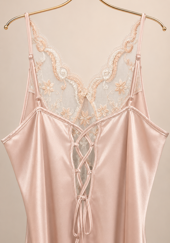 Long Night Gown: Shoulder Strap Satin Long Nighty With Toulle Detail