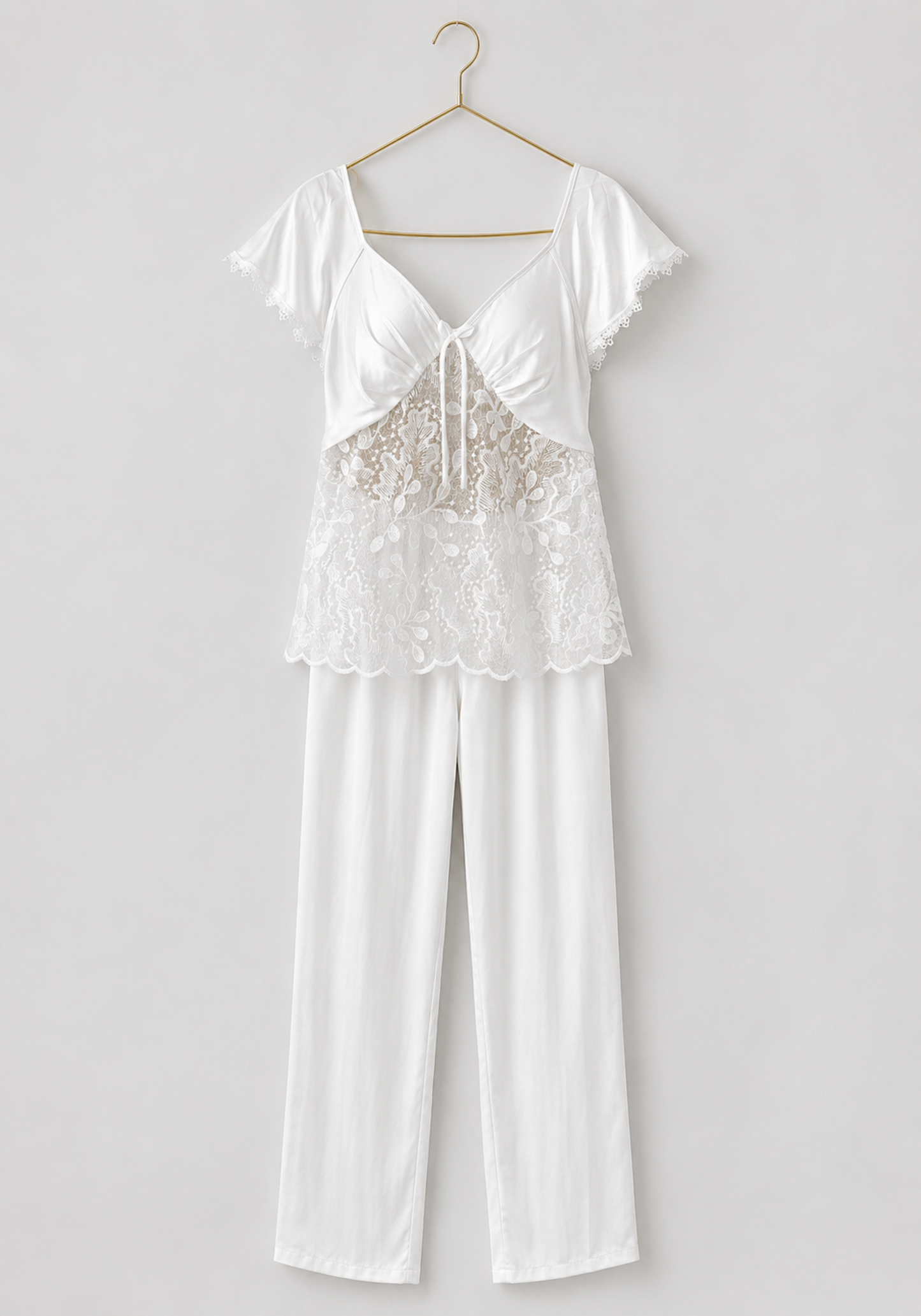 Bridal Pajamas: Shoulder Strap Cami Top With Dentel Details And Plain Satin Pants