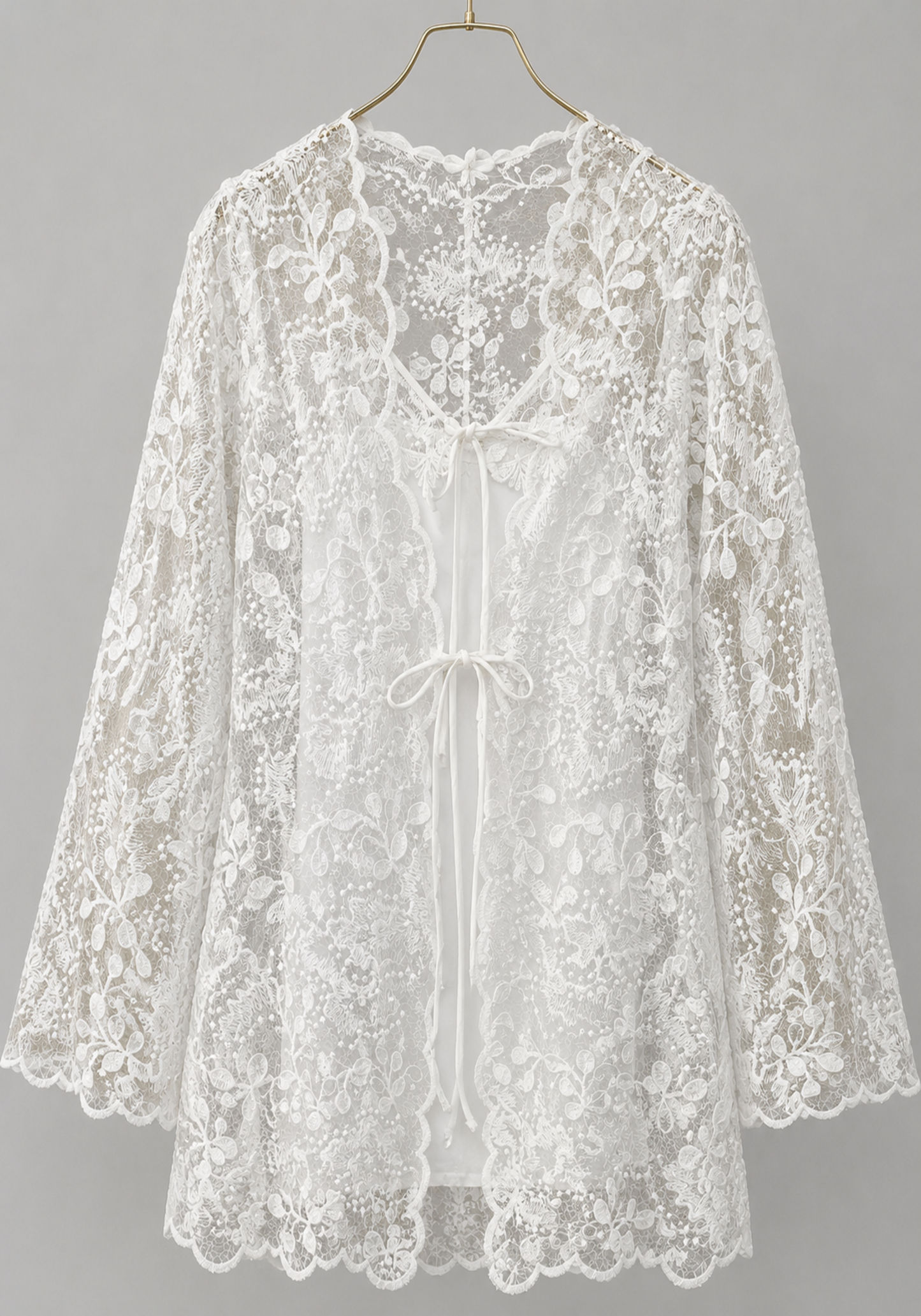 Bridal 3 Pieces Set: Satin Cami Top And Full Dantel Long Sleeve Robe And Satin Pants