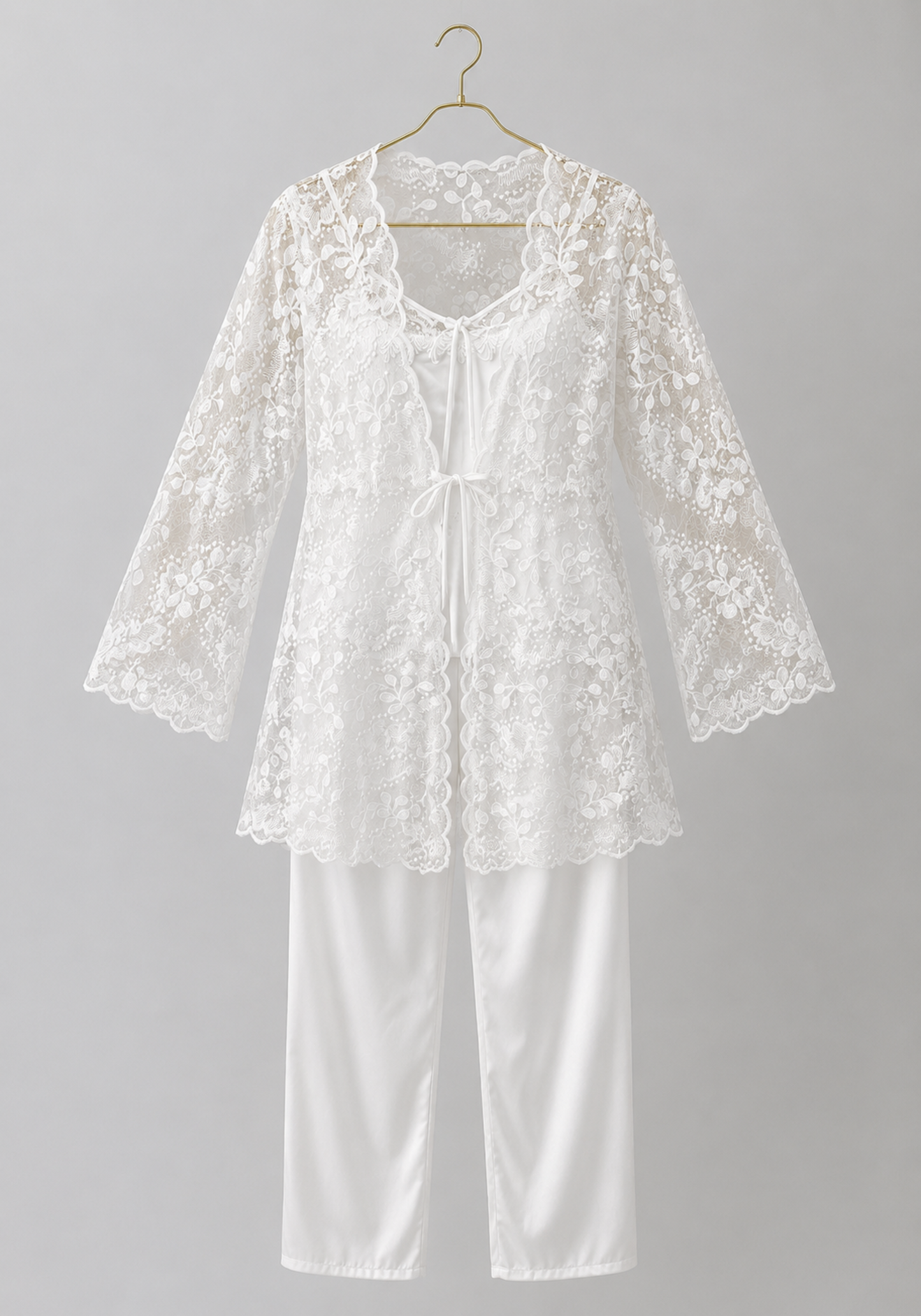 Bridal 3 Pieces Set: Satin Cami Top And Full Dantel Long Sleeve Robe And Satin Pants