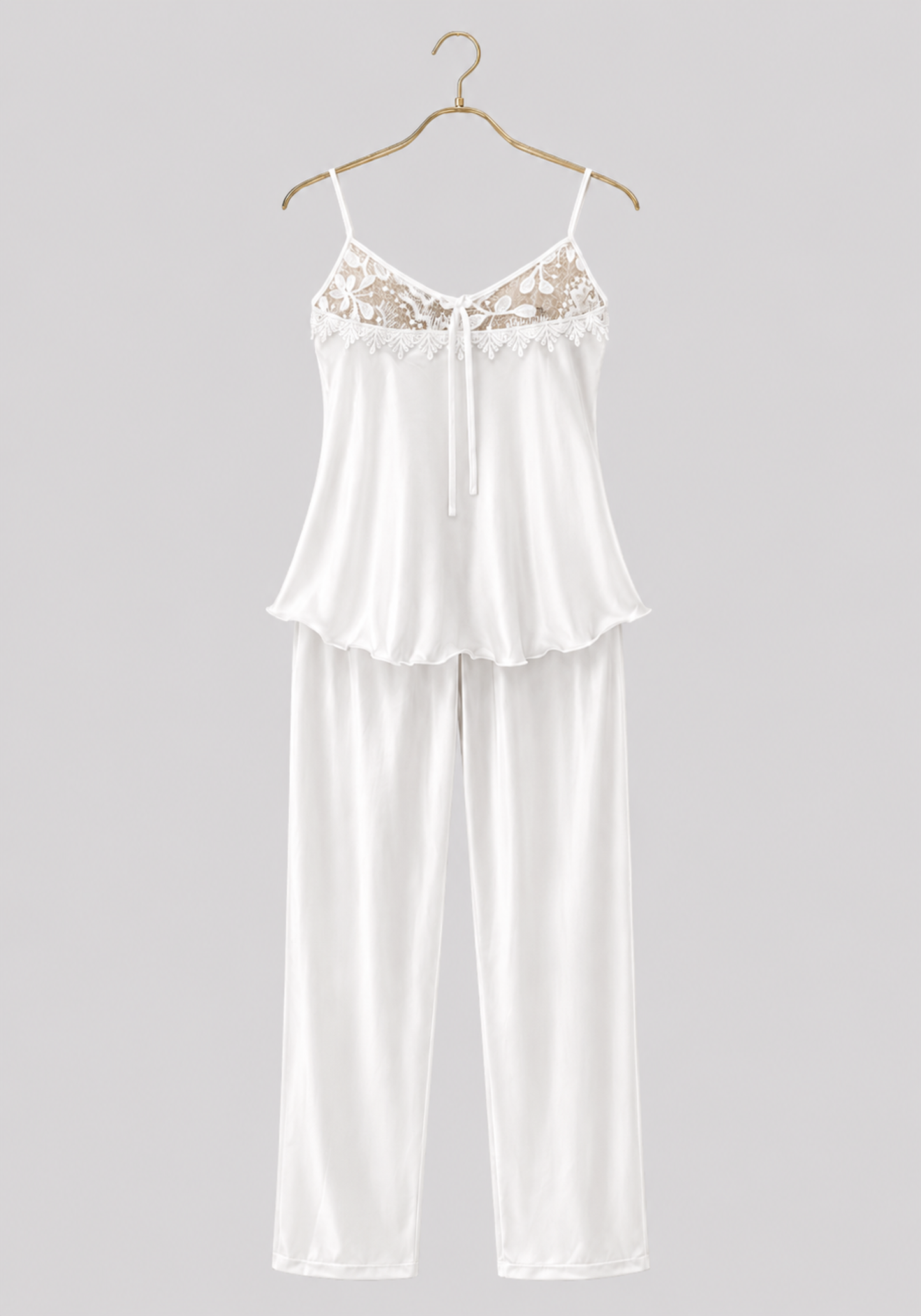 Bridal 3 Pieces Set: Satin Cami Top And Full Dantel Long Sleeve Robe And Satin Pants