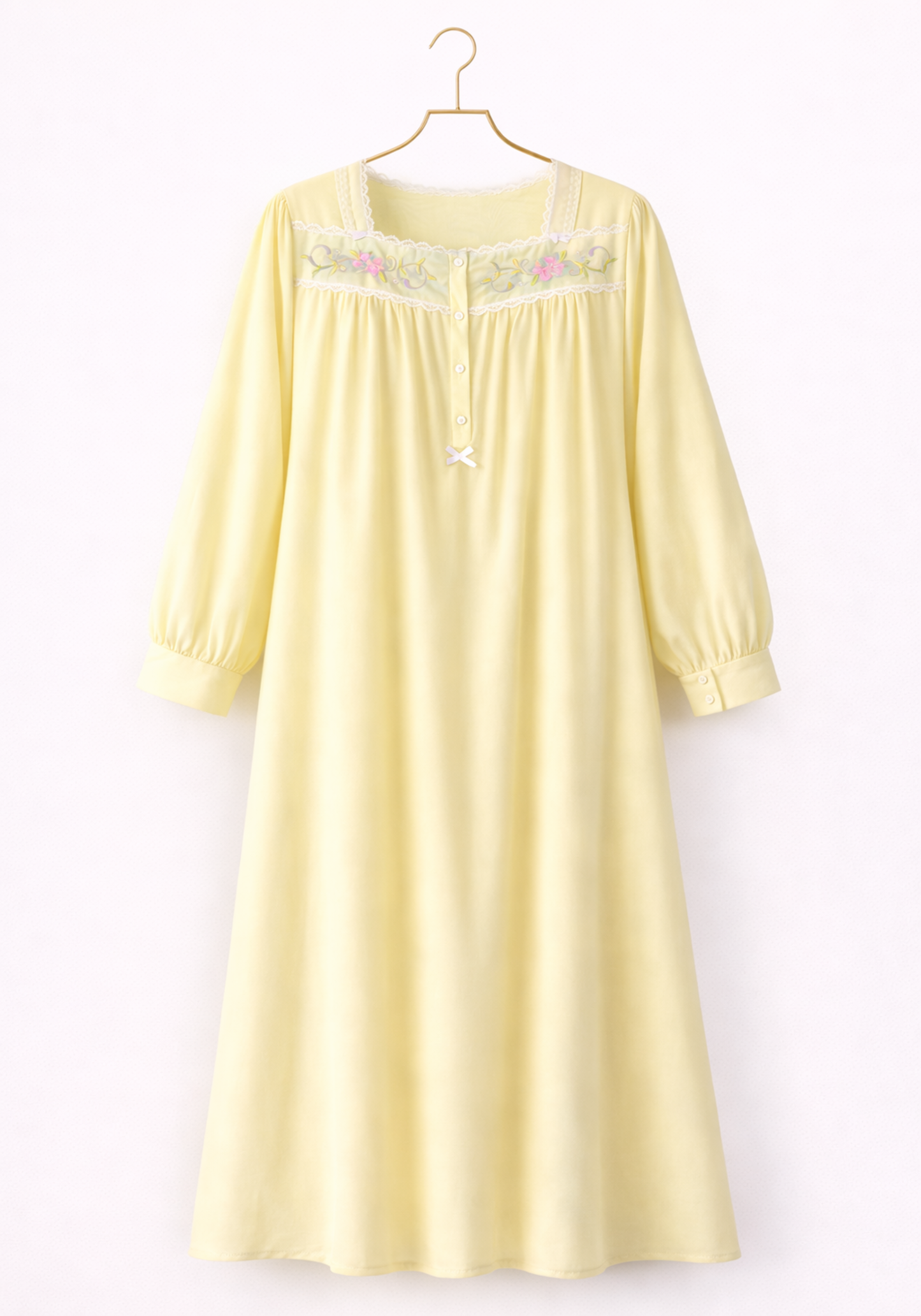 Woven Leno Long Sleeves Long Gown With Floral Embroidery Details With Front Buttons