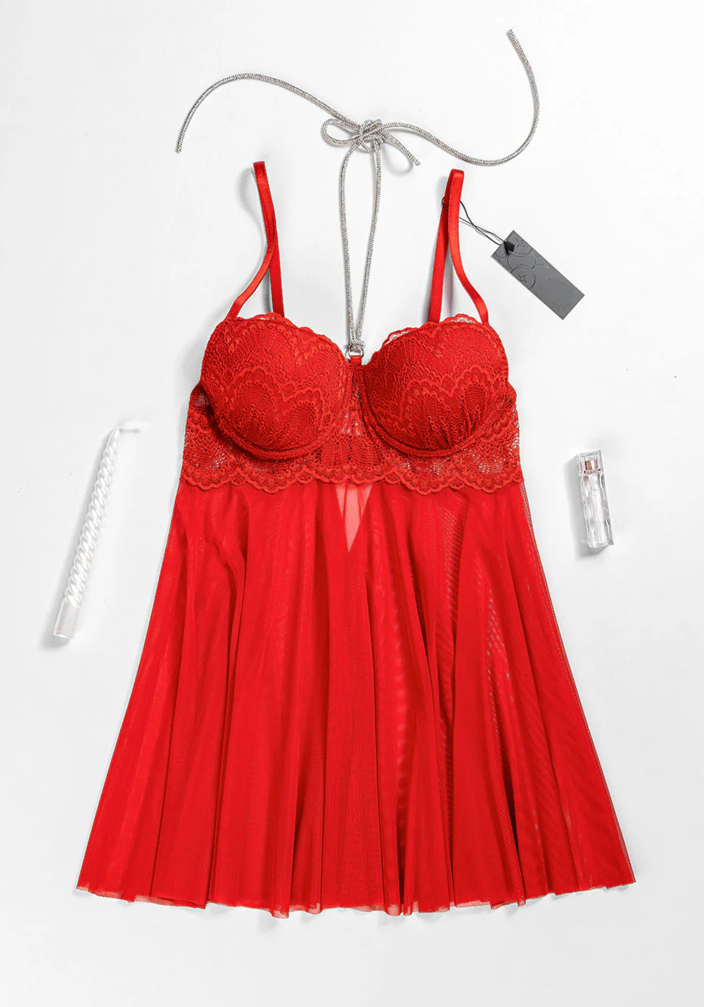 Lingerie Babydoll: Shoulder Strap Dantel Padded Bra With Stras Necklace Attached With Toulle Extension And Panty