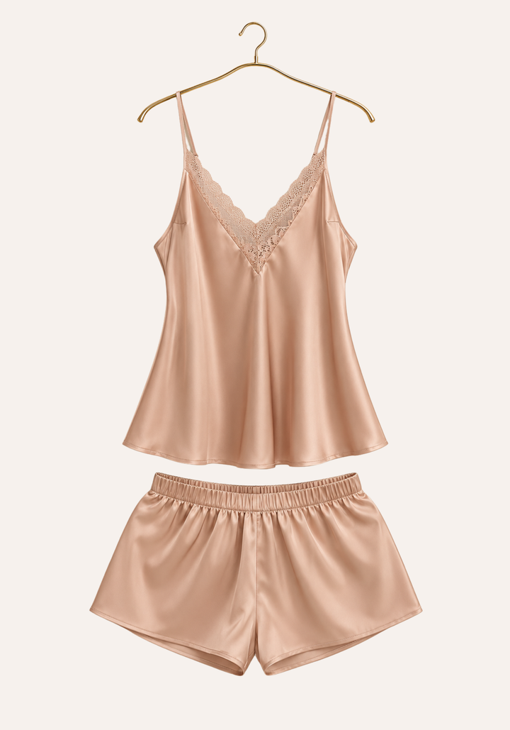4 Pieces Set: Plain Satin Shoulder Strap Top And Pants And Shorts And Printed Short Robe
