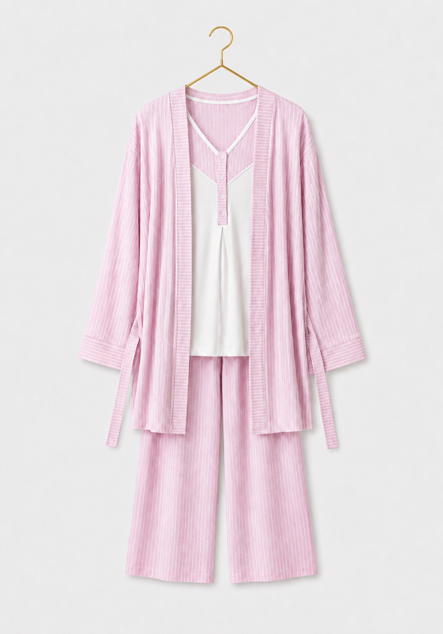 3 Pieces Set: Cotton (100%) Woven Collar Button Short Sleeve Striped Pajamas And Robe