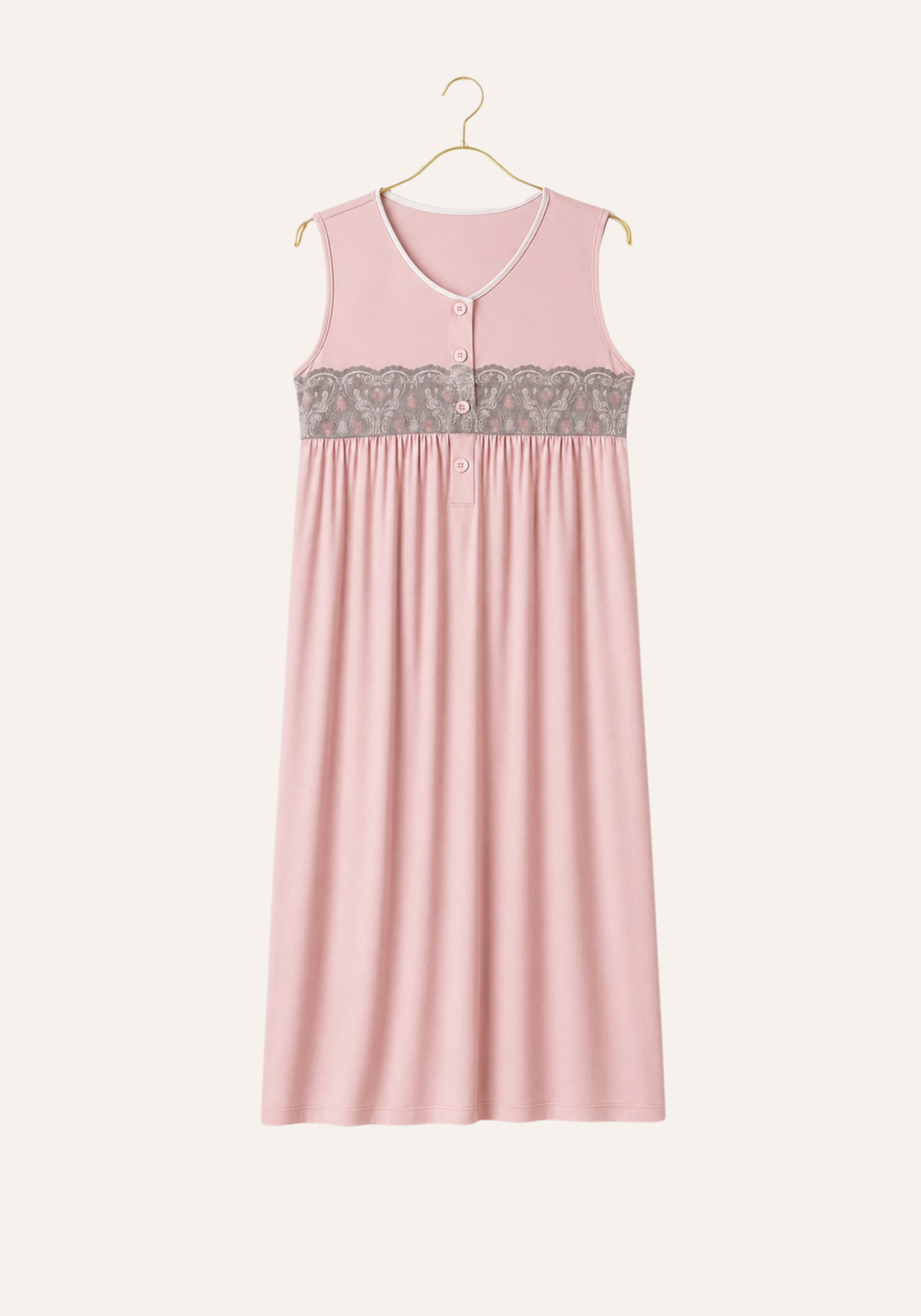 Plus Size Short Nighty: Sleeveless nighty with button front lace detail and pleads