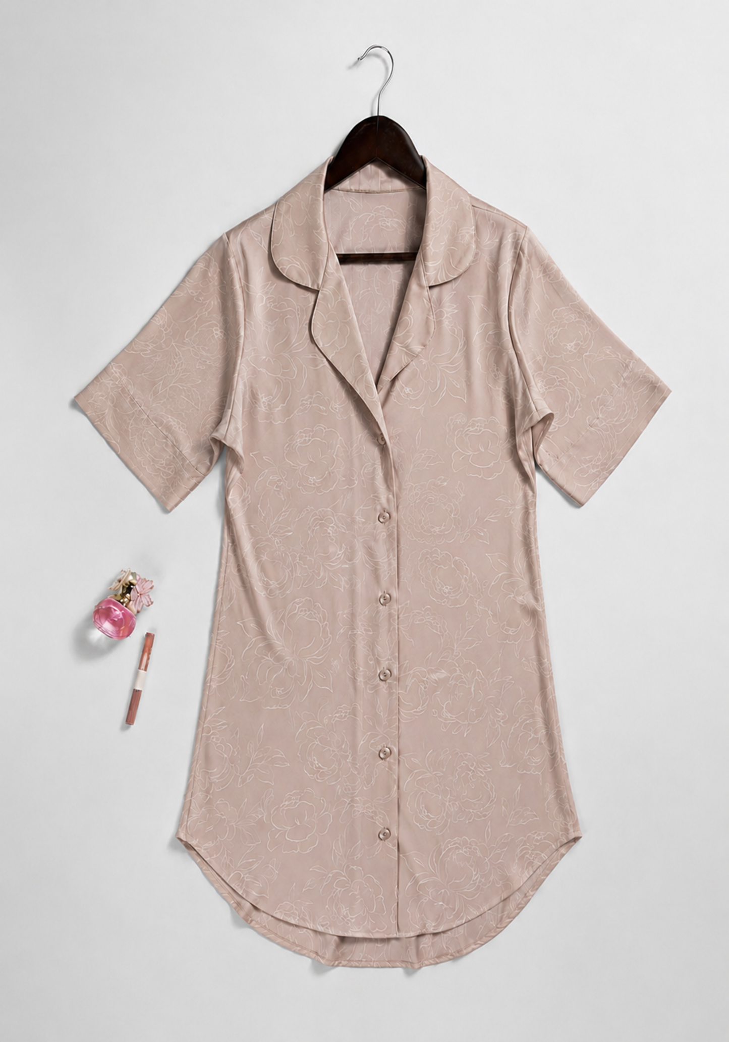 Lingerie Nighty: Satin Floral Print Collar Button Short Nighty