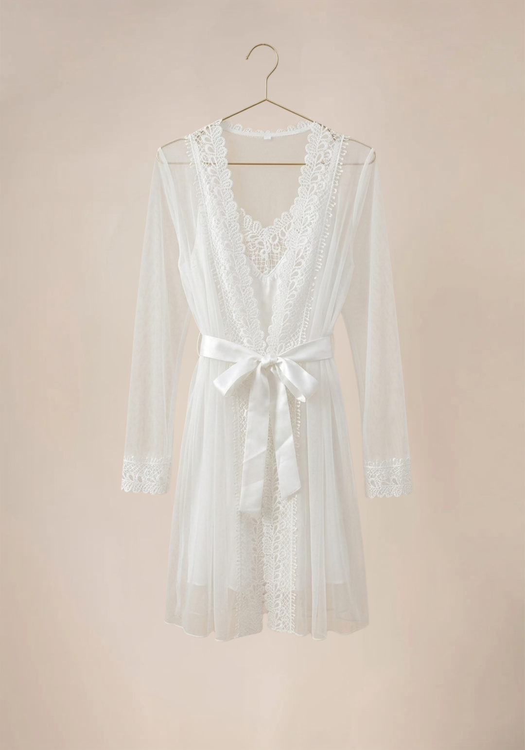 Shoulder Strap Slip And Short Chiffon Robe With Lace Detail