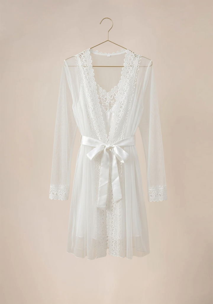 Shoulder Strap Slip And Short Chiffon Robe With Lace Detail
