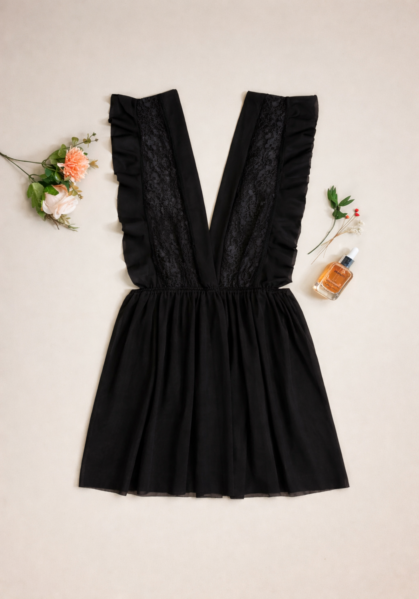 Toulle Babydoll With V Front And Back Opening And Lace Detail