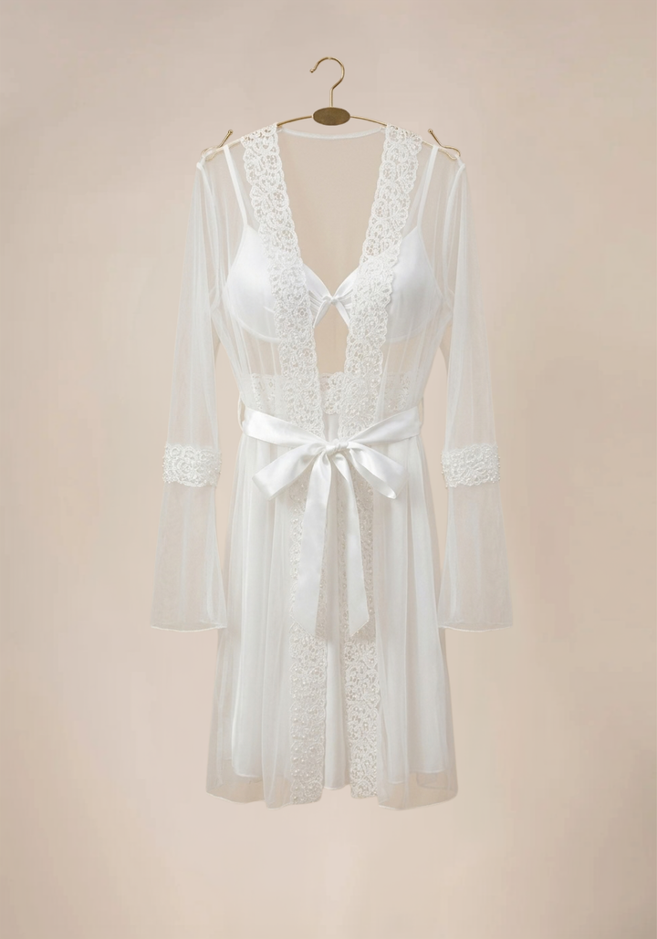Shoulder Strap Slip And Short Robe With Lace Detail