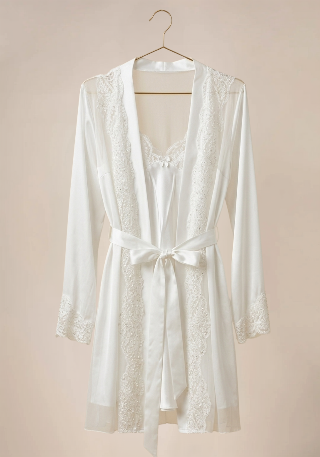 Shoulder Strap Slip And Short Chiffon Robe With Lace Detail