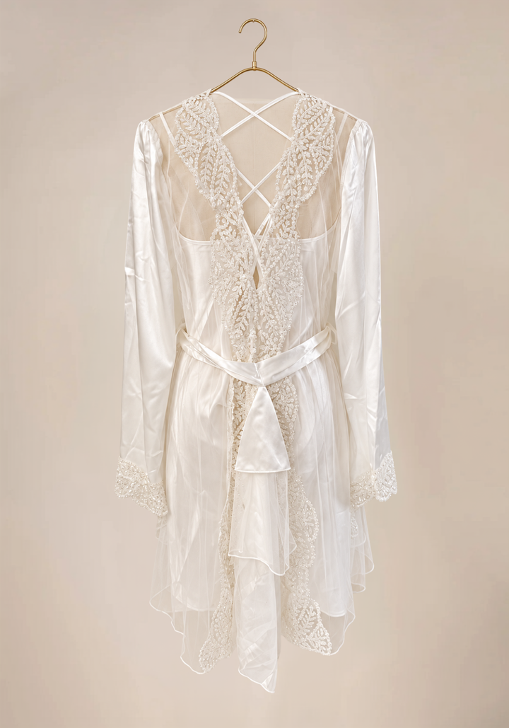 Shoulder Strap Slip And Short Chiffon Robe With Lace Detail