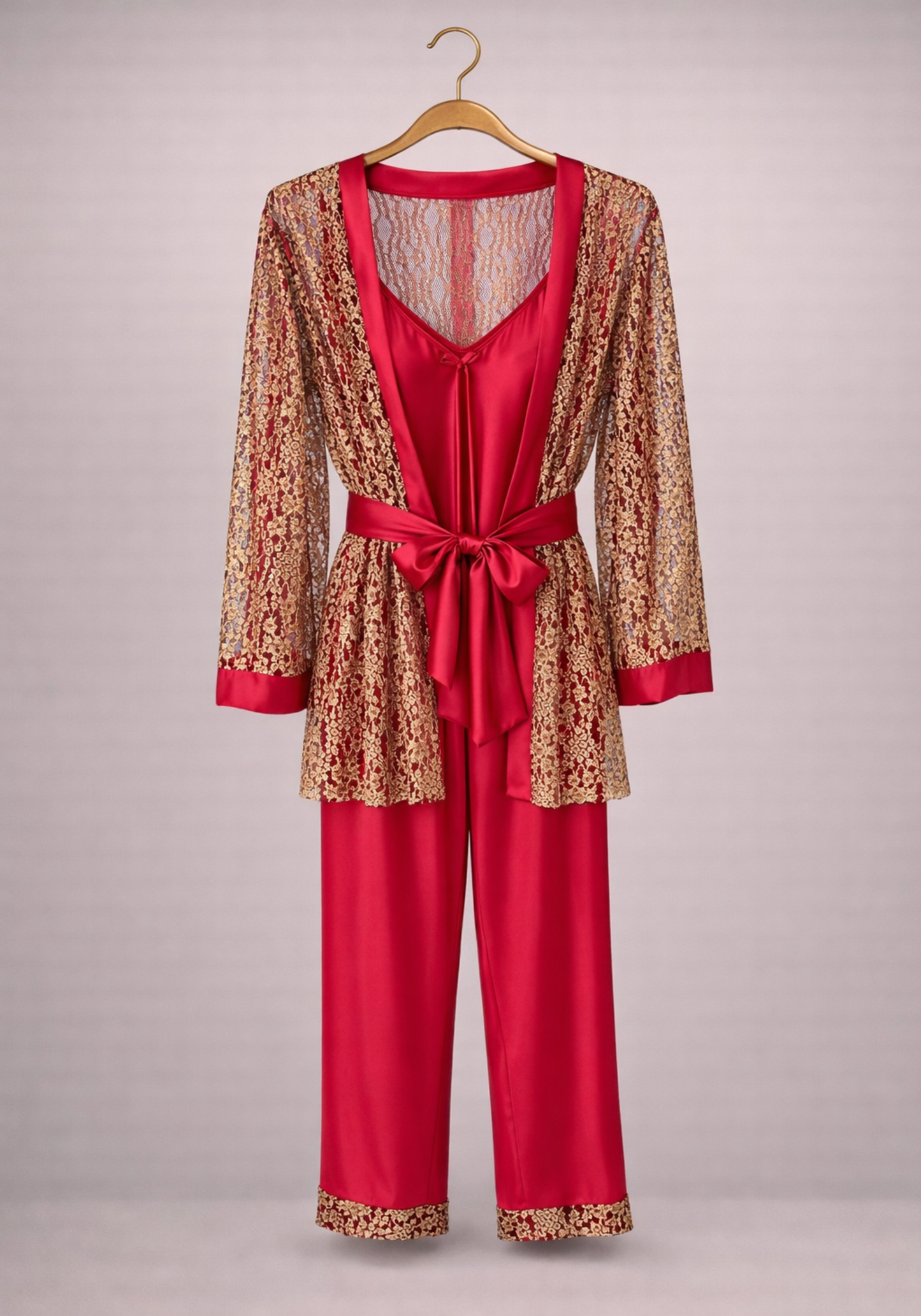 Satin 3 Pieces Set: Shoulder Strap Top And Plain Pants And Robe With Golden Dantel