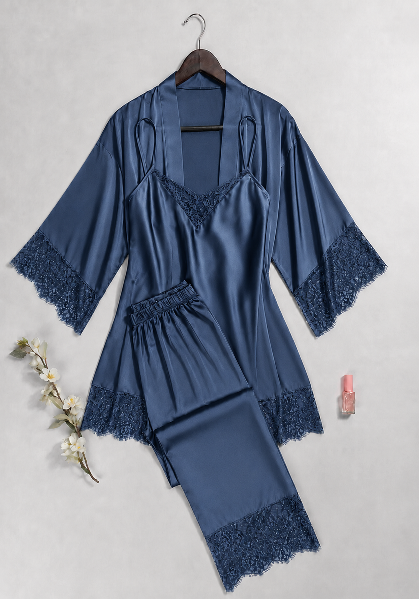 Lingerie 3 Pieces Set: Satin Plain Strap Top And Satin Plain Pants And Kimono With Dantel