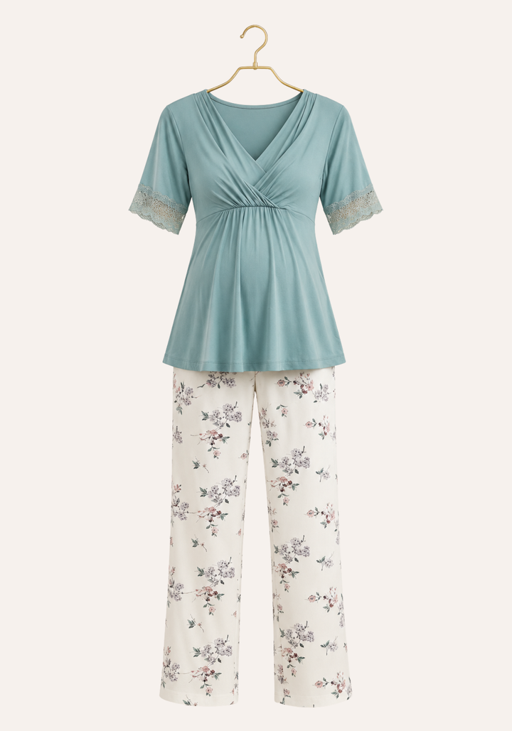 Plain Short Sleeve Top And Floral Print Pants Pajamas