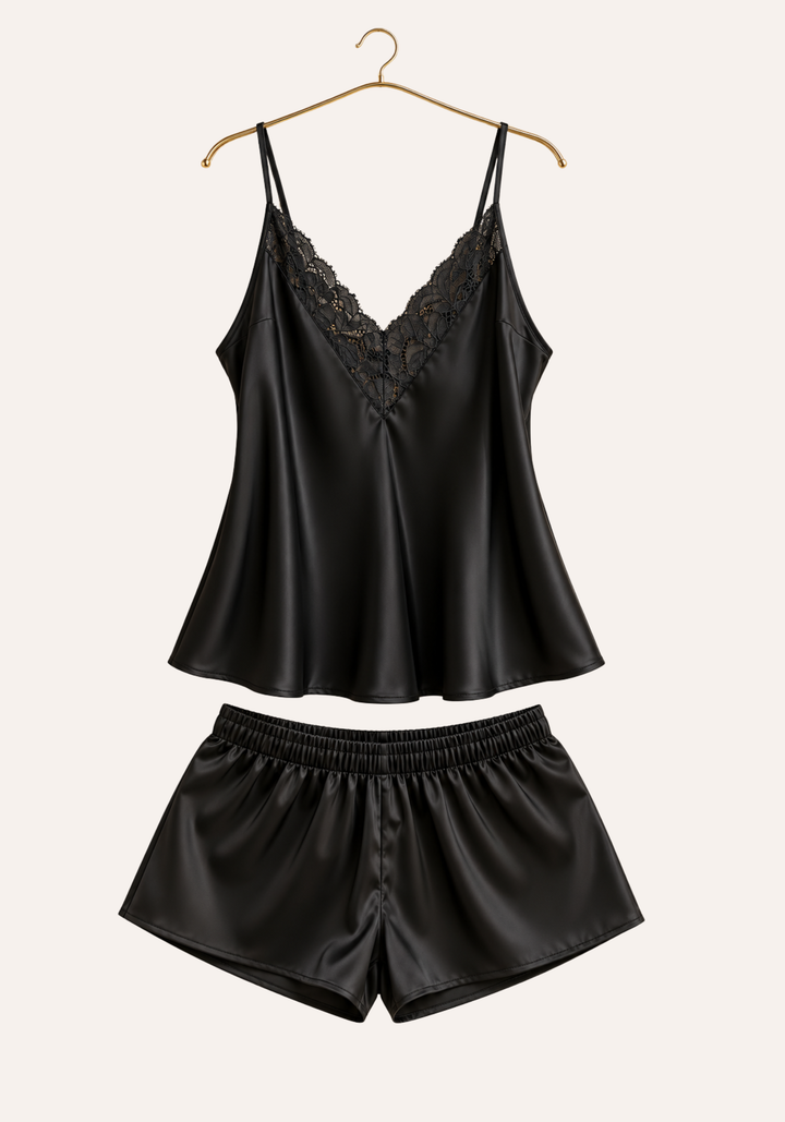 4 Pieces Set: Plain Satin Shoulder Strap Top And Pants And Shorts And Printed Short Robe