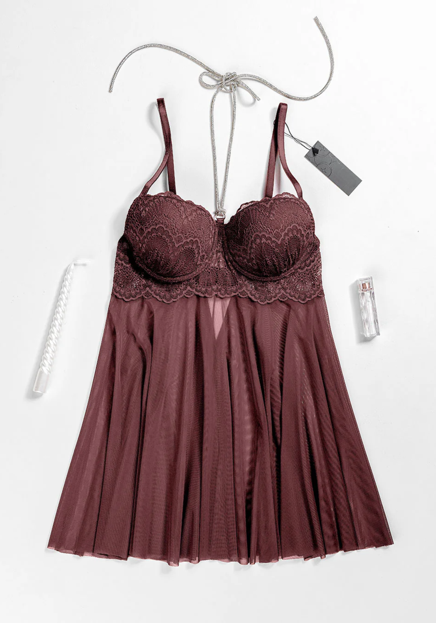 Lingerie Babydoll: Shoulder Strap Dantel Padded Bra With Stras Necklace Attached With Toulle Extension And Panty