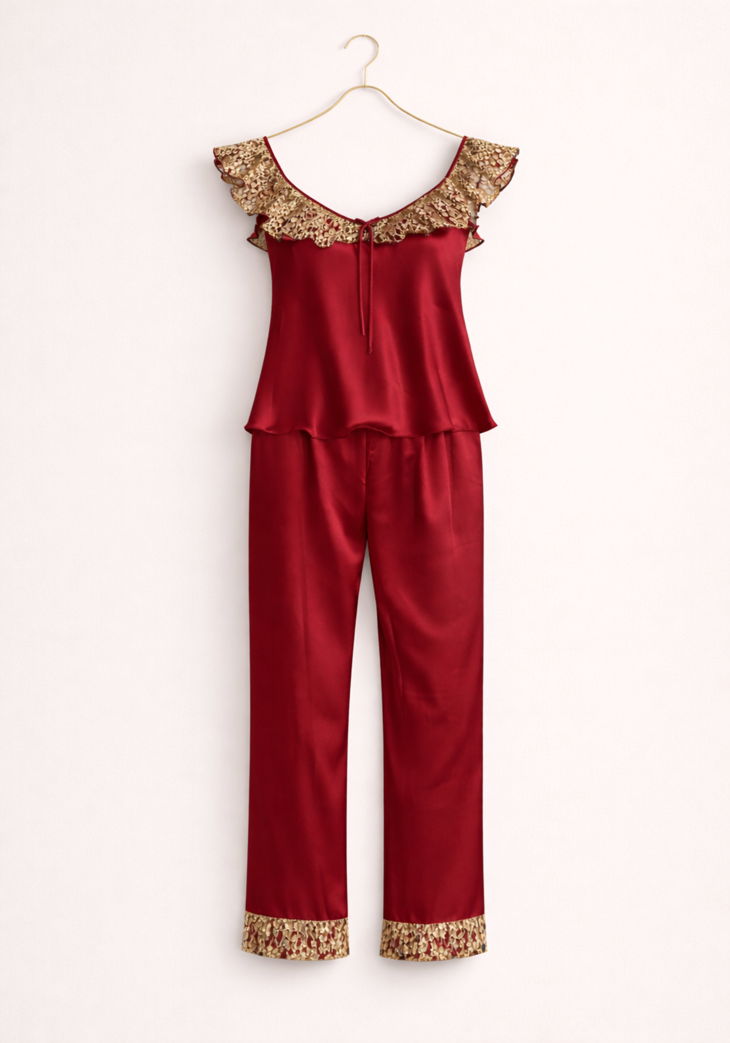 Satin Pajamas: Sleeveless Lace Front Top And Pants With Lace Detail