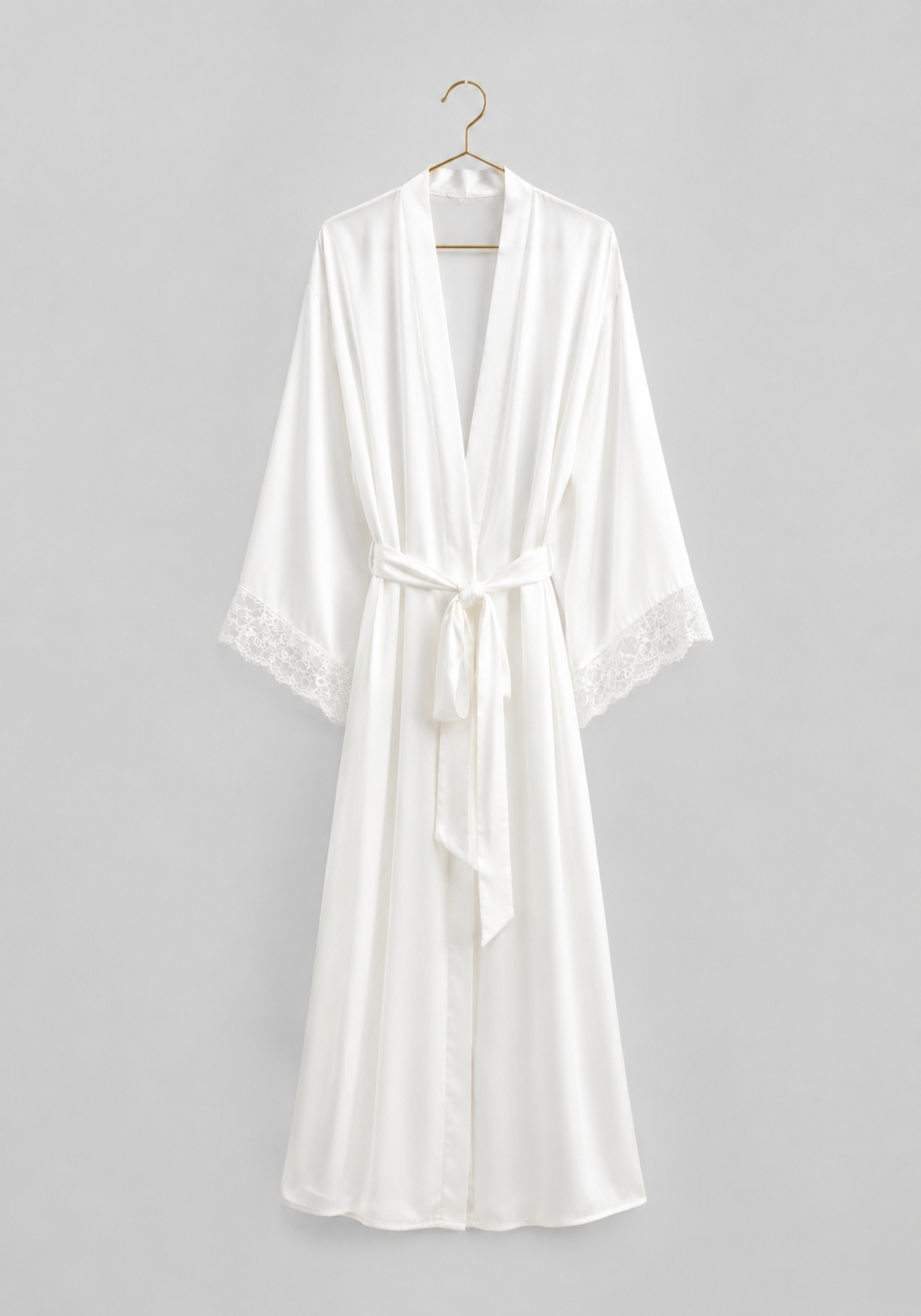 Bridal Long Robe Set: Shoulder Strap Padded Bra Long Gown And Long Robe With Lace Detail
