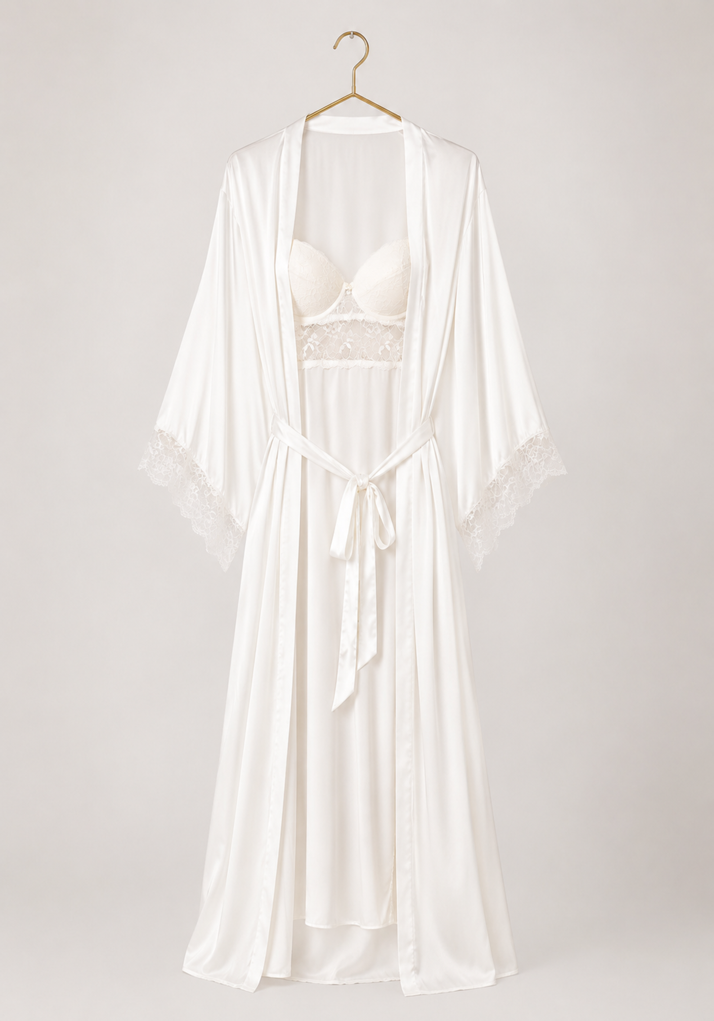 Bridal Long Robe Set: Shoulder Strap Padded Bra Long Gown And Long Robe With Lace Detail