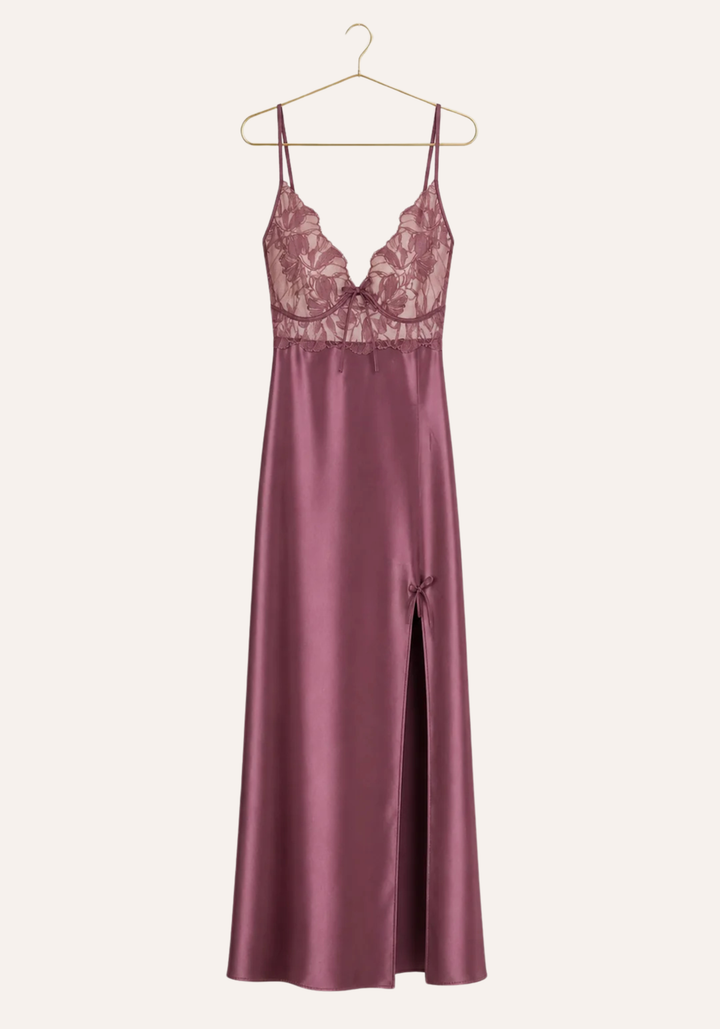Satin Long Night Gown: Plain Shoulder Strap Full Frontal Lace Long Nighty
