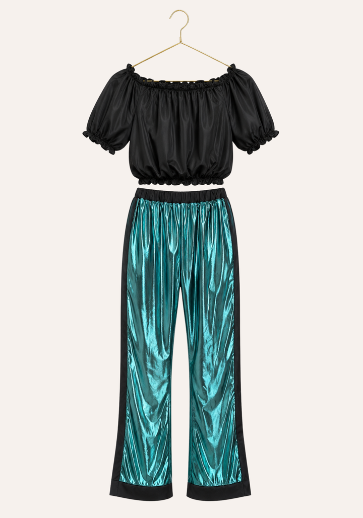 3 Pieces Pajamas: Disko Long Sleeves Short Robe And Pants And Satin Crop Tank Top
