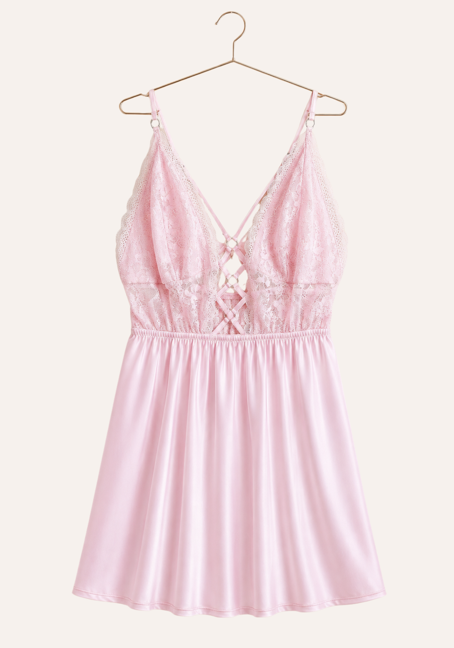 Babydoll: Shoulder Strap Lace Bra Open Back Satin Babydoll