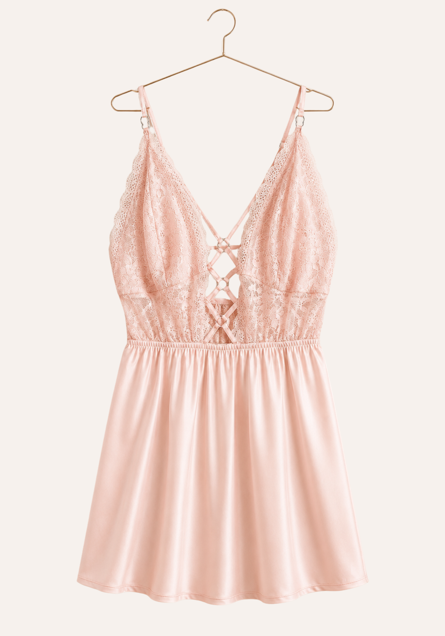Babydoll: Shoulder Strap Lace Bra Open Back Satin Babydoll