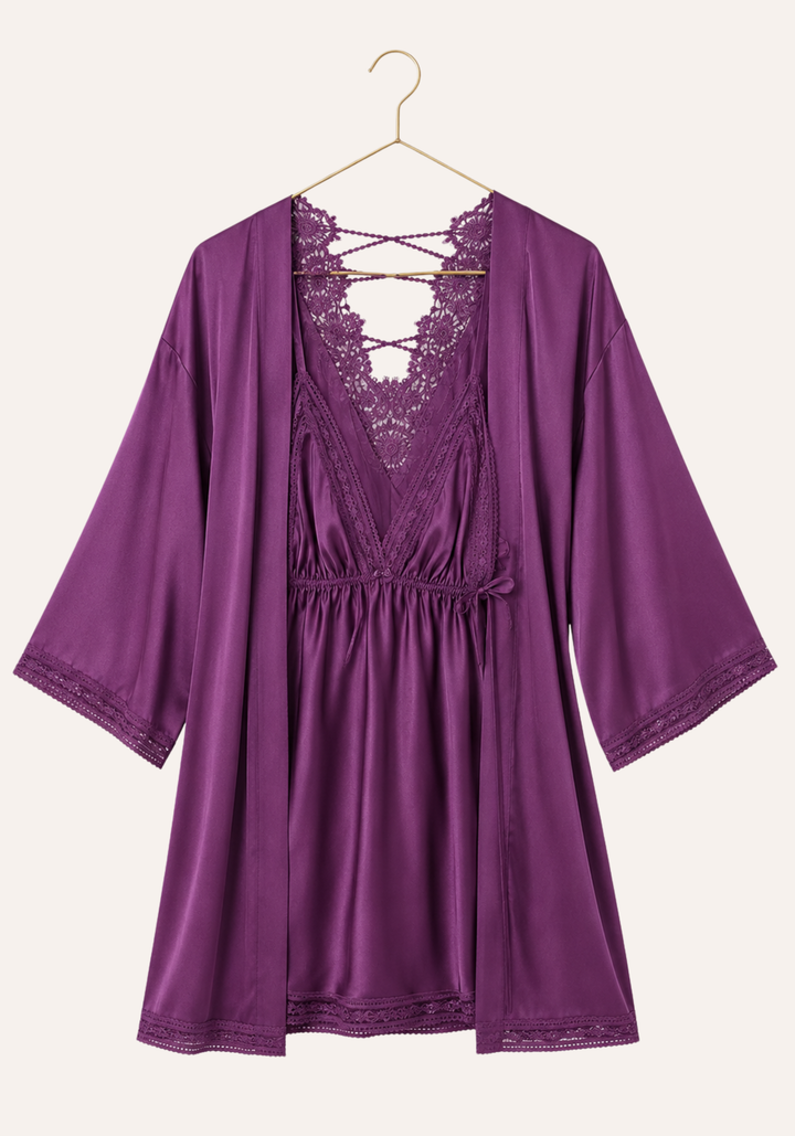 Lingerie Short Robe Set: Full Satin Babydoll And Full Satin Short Robe With Dantel At The Back