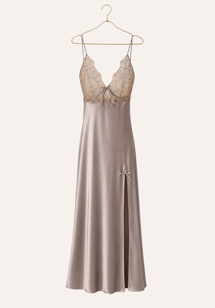 Satin Long Night Gown: Plain Shoulder Strap Full Frontal Lace Long Nighty