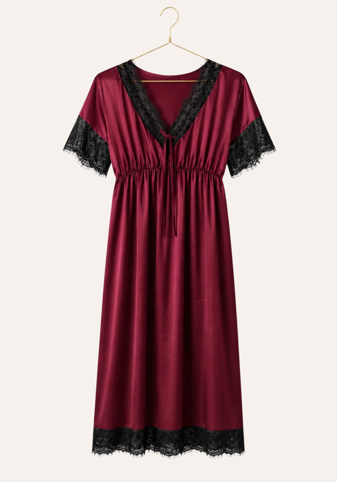 Satin Midi Gown With Waist Elastic And Lace Detail On The Neck, Sleeves, And Bottom