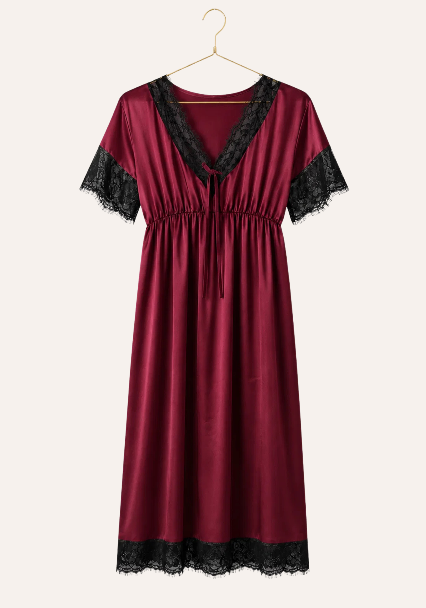 Satin Midi Gown With Waist Elastic And Lace Detail On The Neck, Sleeves, And Bottom