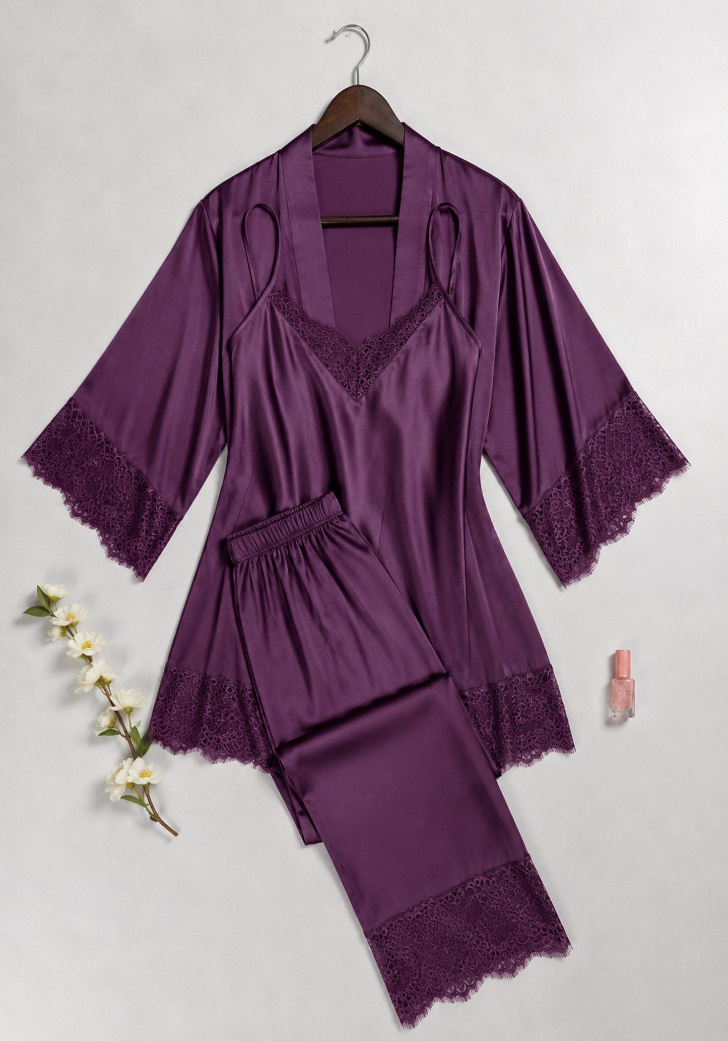 Lingerie 3 Pieces Set: Satin Plain Strap Top And Satin Plain Pants And Kimono With Dantel