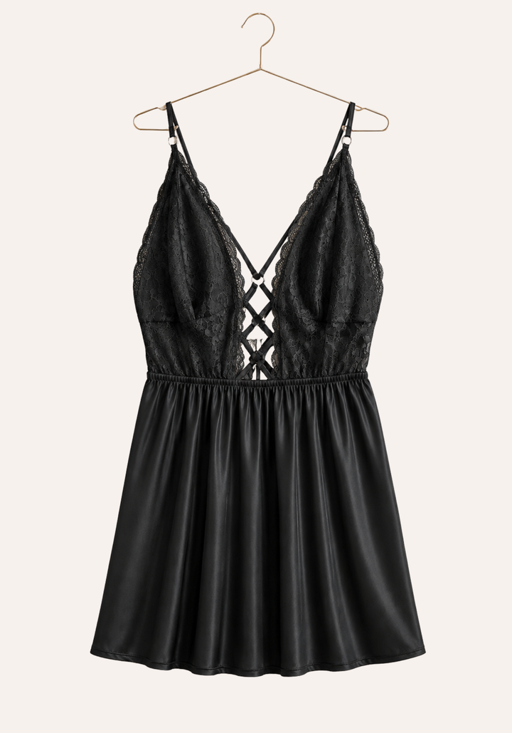 Babydoll: Shoulder Strap Lace Bra Open Back Satin Babydoll