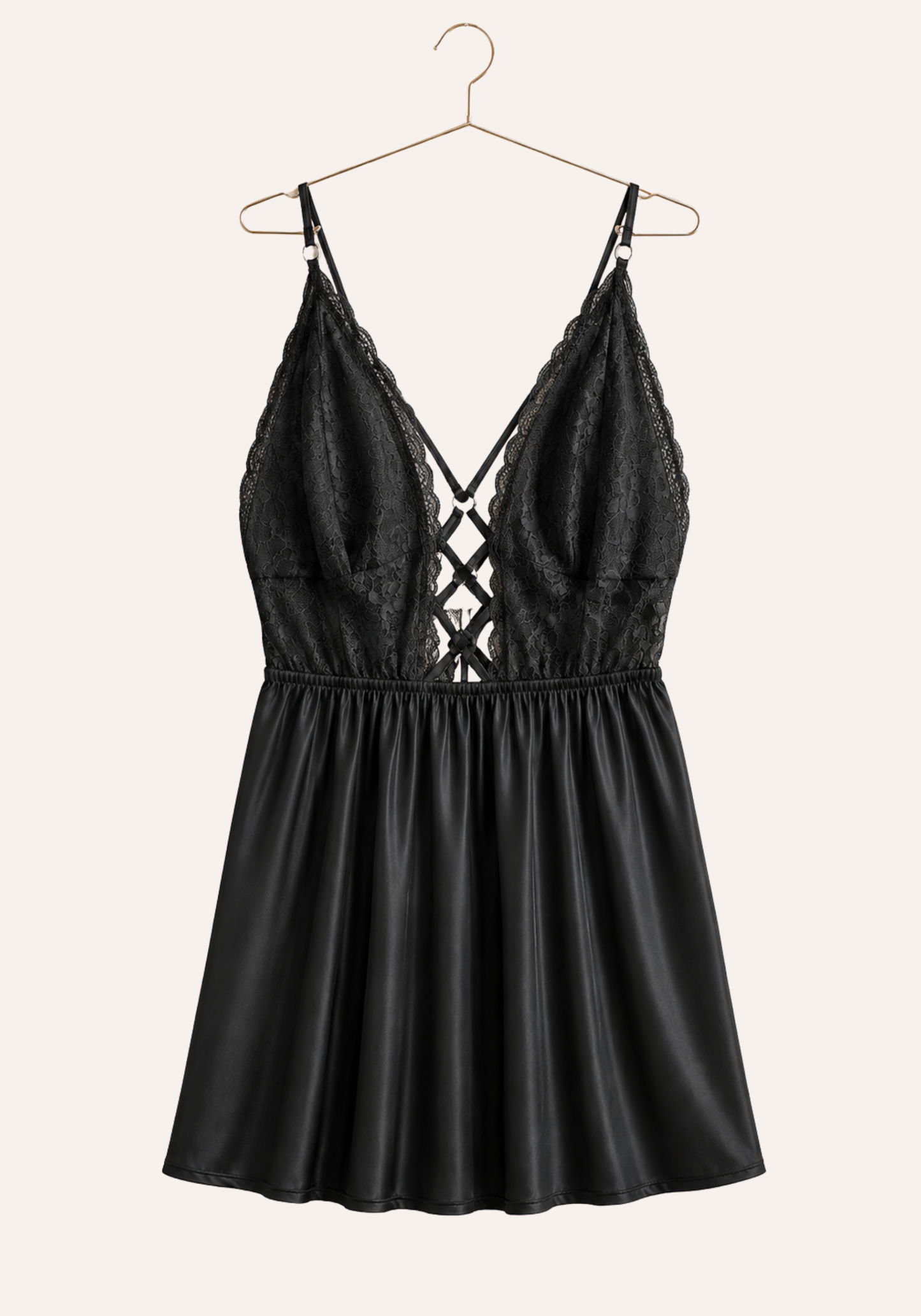 Babydoll: Shoulder Strap Lace Bra Open Back Satin Babydoll