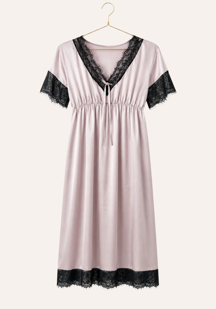 Satin Midi Gown With Waist Elastic And Lace Detail On The Neck, Sleeves, And Bottom