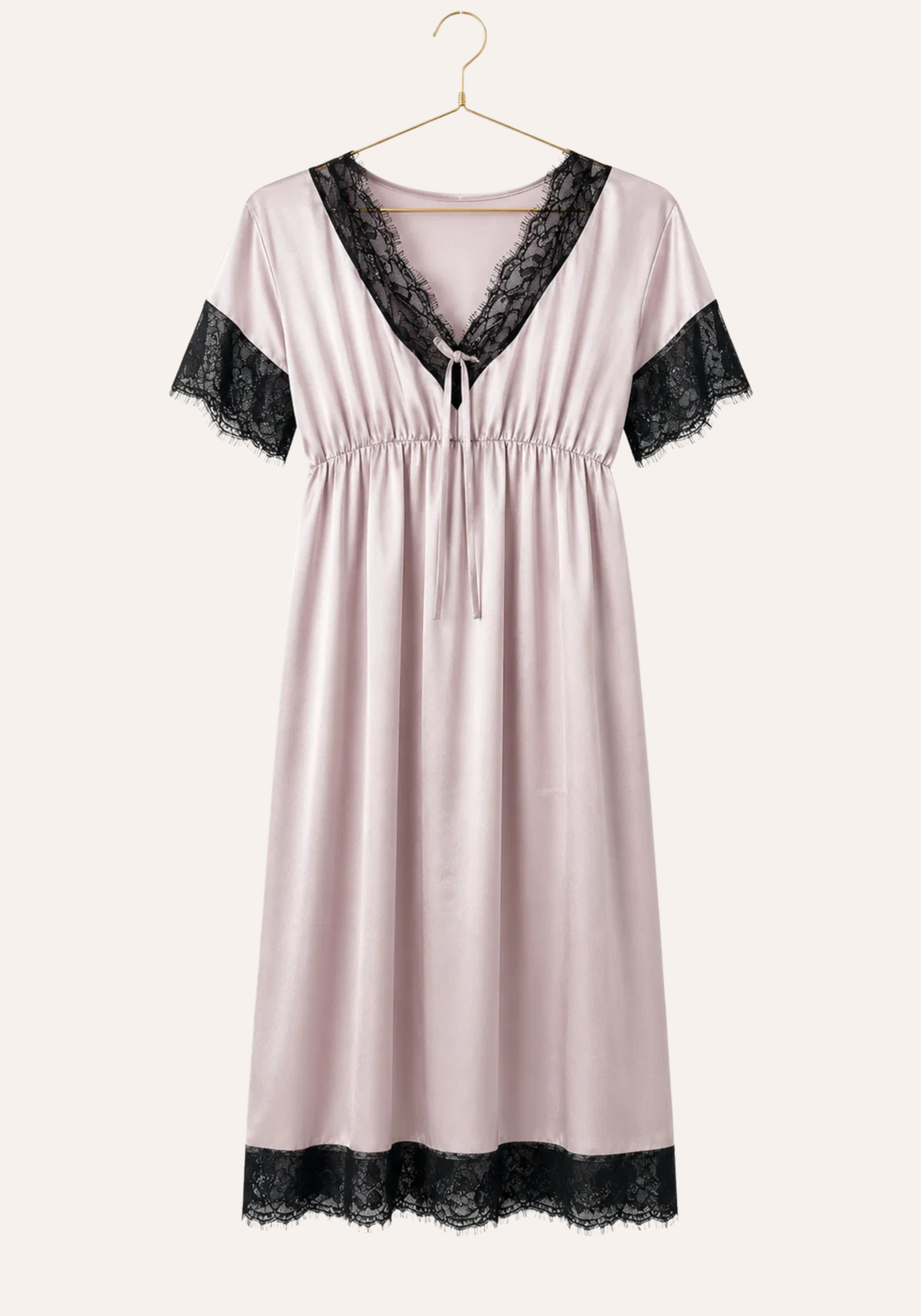 Satin Midi Gown With Waist Elastic And Lace Detail On The Neck, Sleeves, And Bottom
