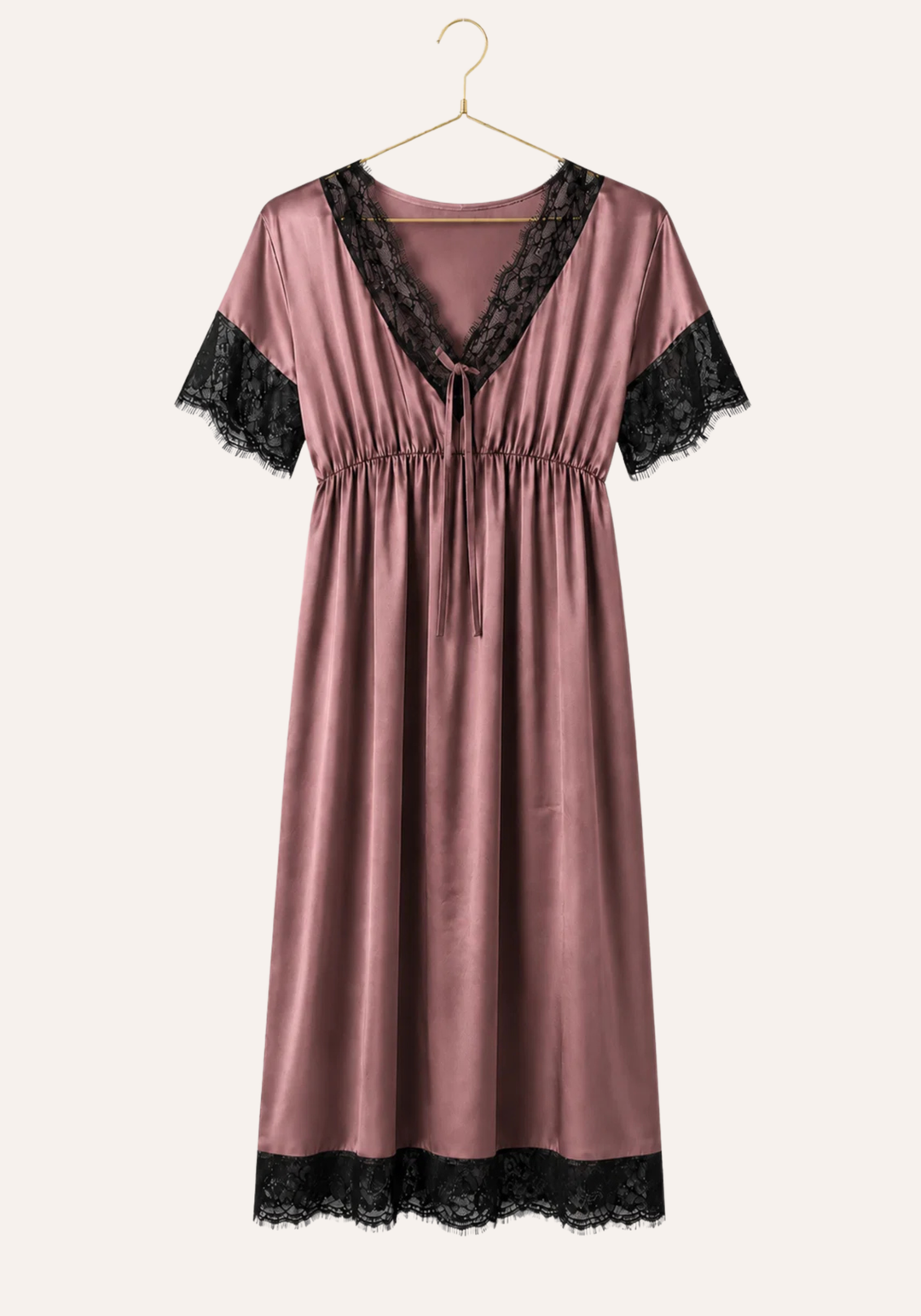 Satin Midi Gown With Waist Elastic And Lace Detail On The Neck, Sleeves, And Bottom
