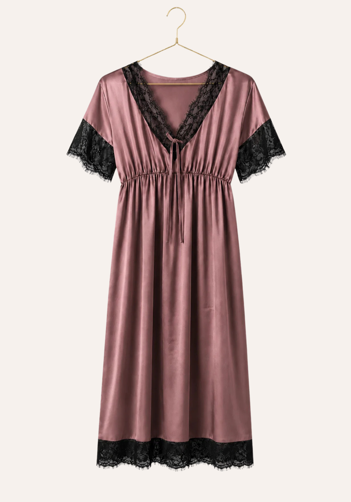 Satin Midi Gown With Waist Elastic And Lace Detail On The Neck, Sleeves, And Bottom