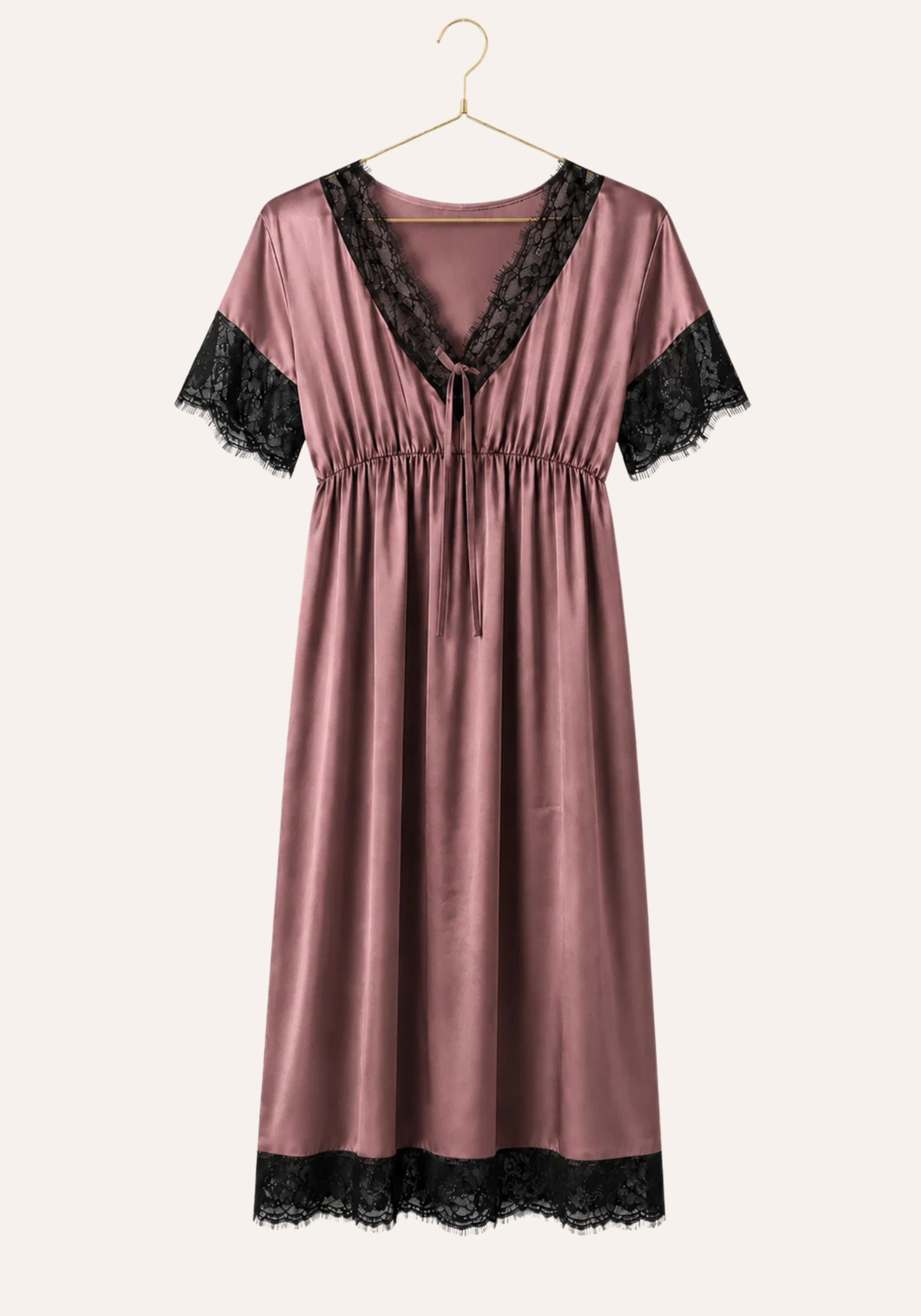 Satin Midi Gown With Waist Elastic And Lace Detail On The Neck, Sleeves, And Bottom