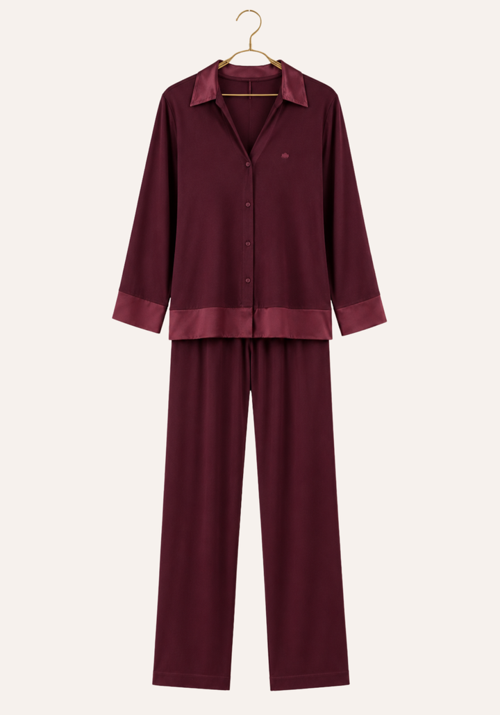 Collar V Button Long Sleeve Top And Pants With Lace Detail Pajamas
