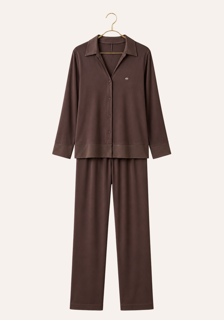 Collar V Button Long Sleeve Top And Pants With Lace Detail Pajamas