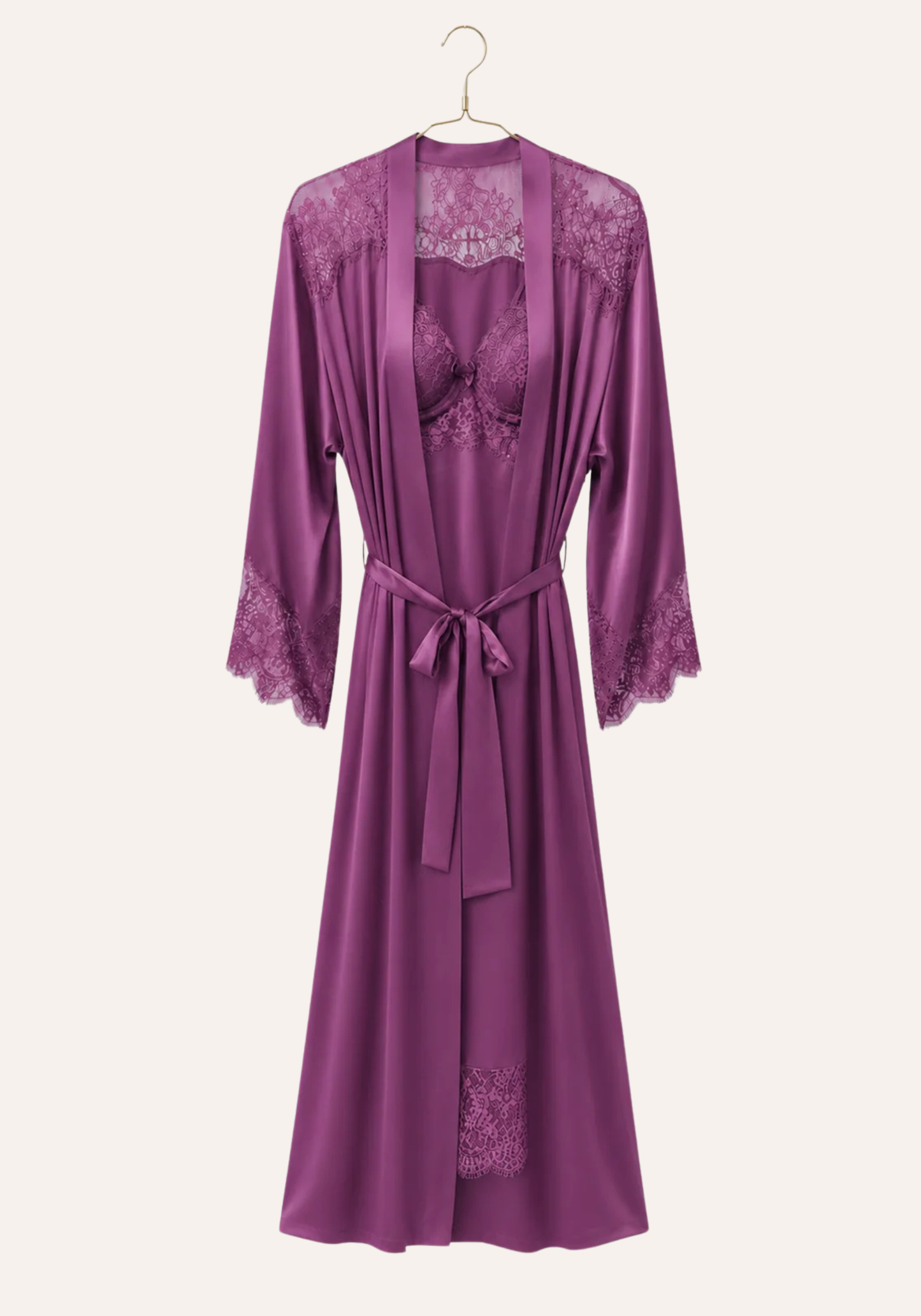 Lingerie Long Robe Set: Satin Padded Underwire Cup Long Nighty And Satin Long Sleeve Long Robe With Lace Detail