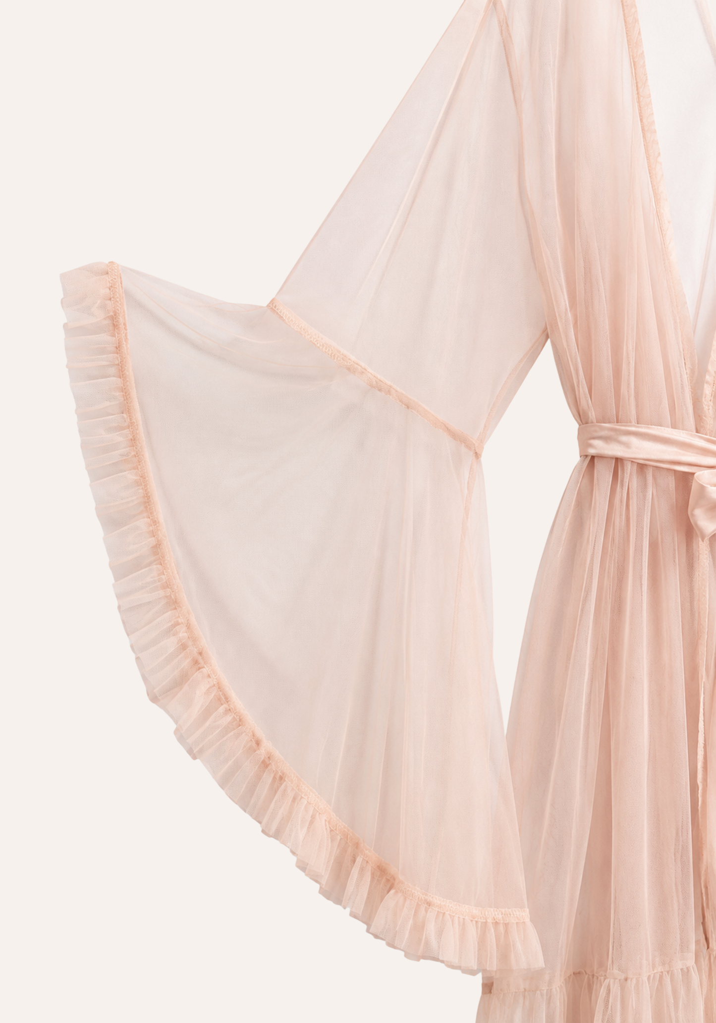 Lingerie Long Robe Set: Satin Padded Underwire Cup Long Nighty And Schiffon Long Robe With Ruffles On The Sleeves