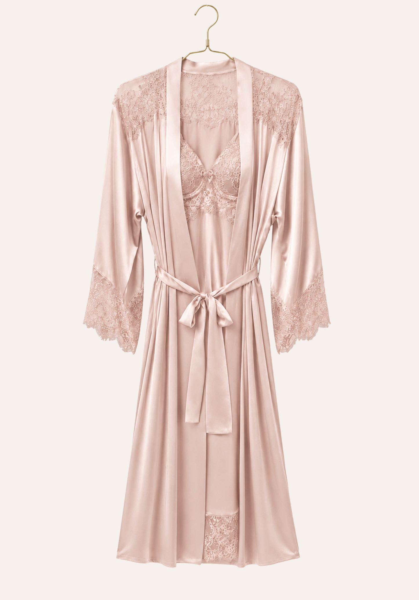 Lingerie Long Robe Set: Satin Padded Underwire Cup Long Nighty And Satin Long Sleeve Long Robe With Lace Detail