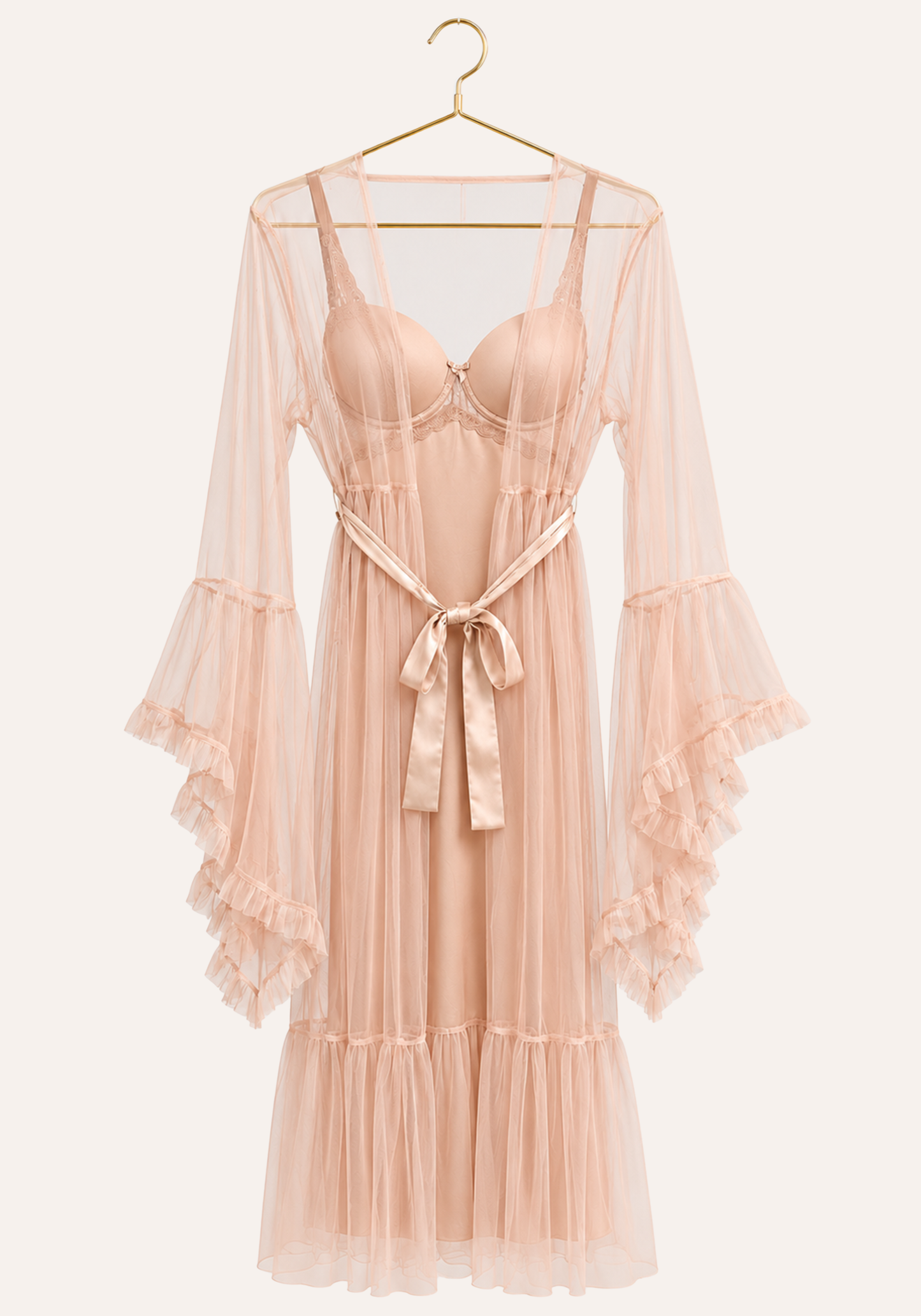 Lingerie Long Robe Set: Satin Padded Underwire Cup Long Nighty And Schiffon Long Robe With Ruffles On The Sleeves