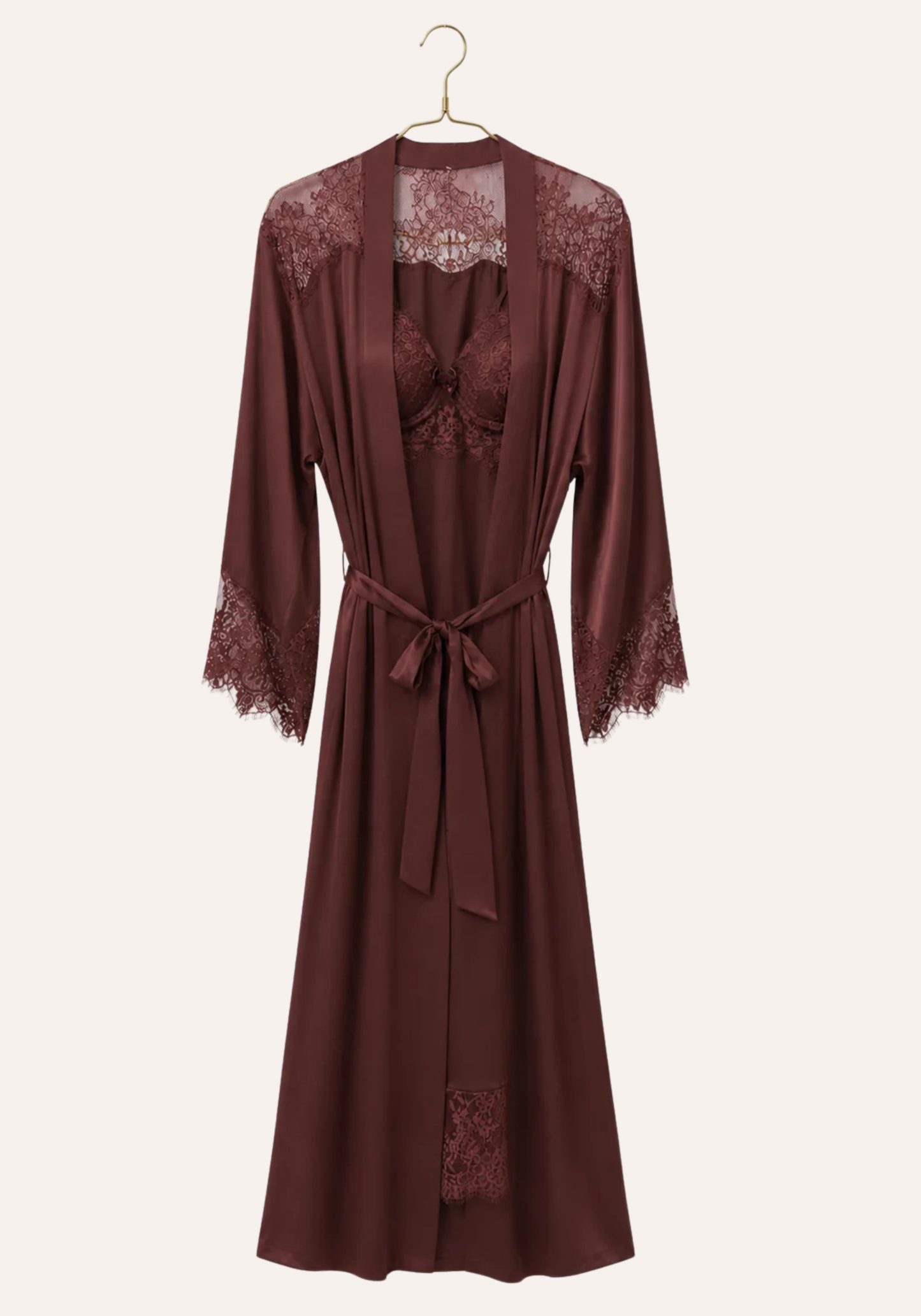 Lingerie Long Robe Set: Satin Padded Underwire Cup Long Nighty And Satin Long Sleeve Long Robe With Lace Detail